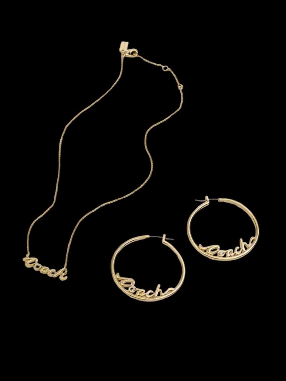 Coach Gold Script Logo Necklace with Matching Hoop Earrings
